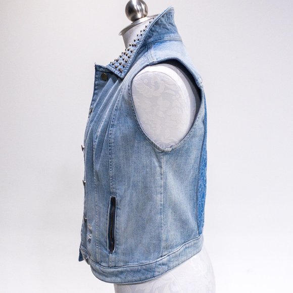 Guess M Sleeveless Jean Jacket Vest Layer Studded Collar Crop Top Layer - Picture 3 of 16